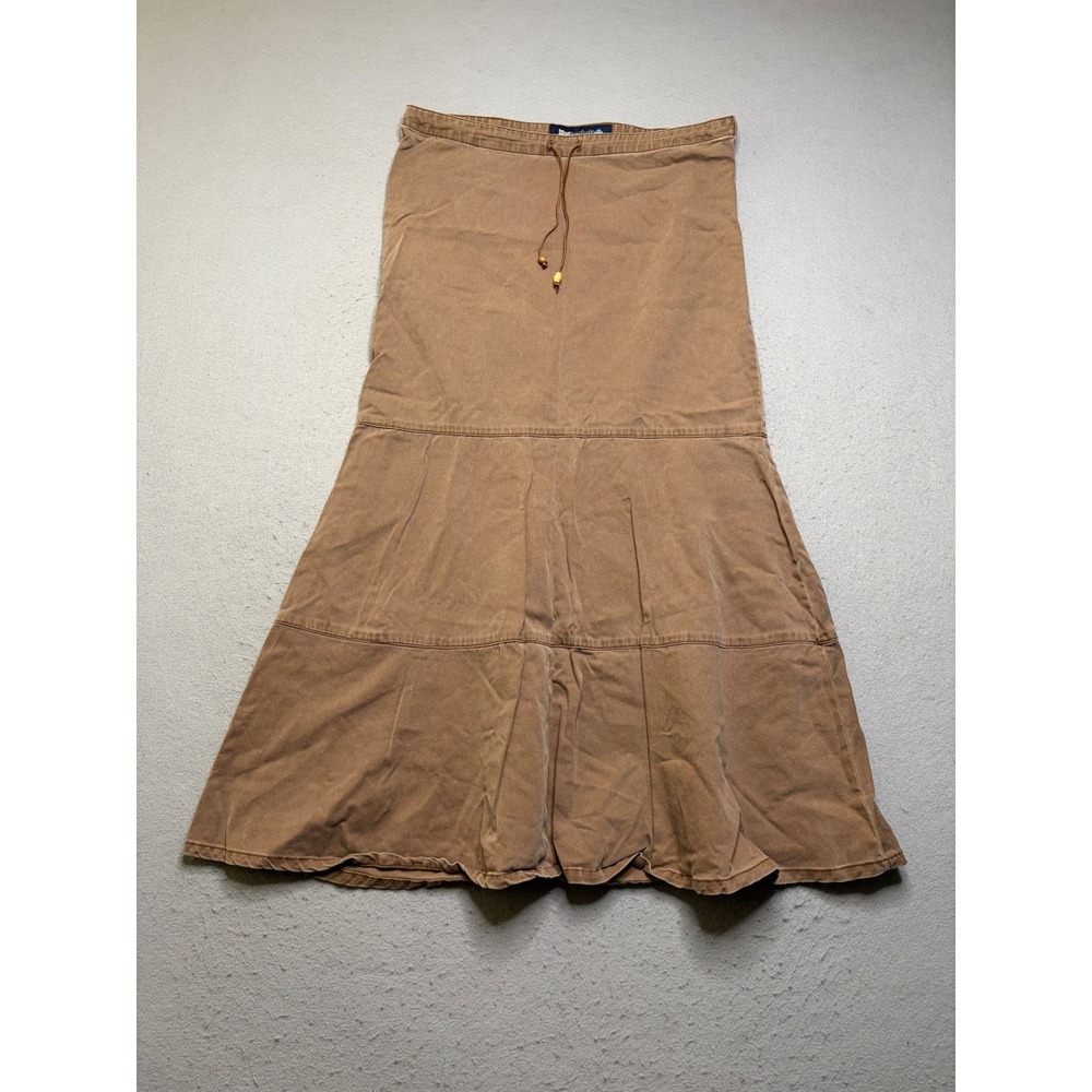Blue Asphalt Maxi Skirt Womens L Brown Tiered Y2K Boho Beaded Drawstring Twill